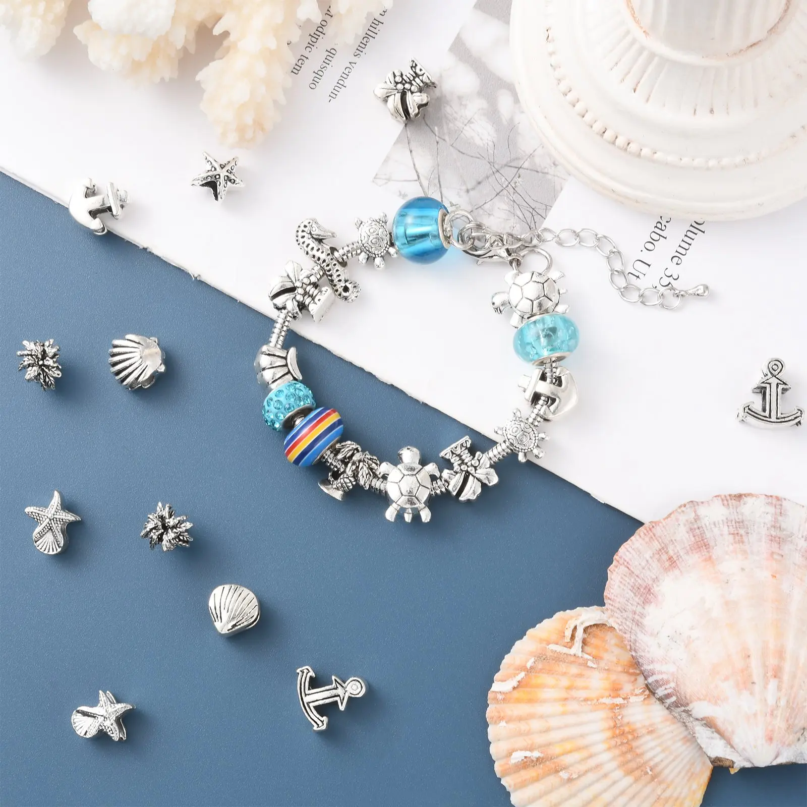 60Pcs 12 Styles Tibetan European Beads Antique Silver Tortoise Shell Starfish Space Beads with Large Hole for Jewelry Making DIY