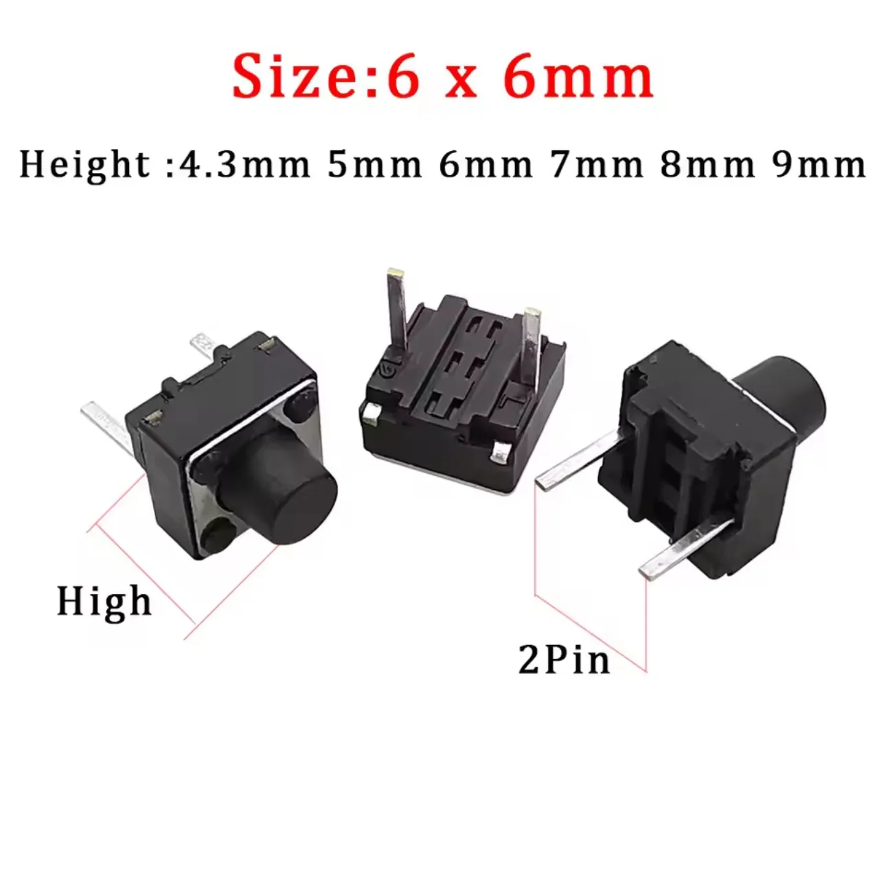 1000 Pcs 6x6x4.3mm Momentary Tactile Tact Push Button Switch, 2 Pin DIP, 4.3mm Height