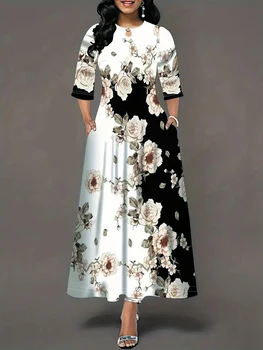 Women's Casual Dress, Plus Size  Print Half Sleeve Round Neck Maxi Dress With Pockets