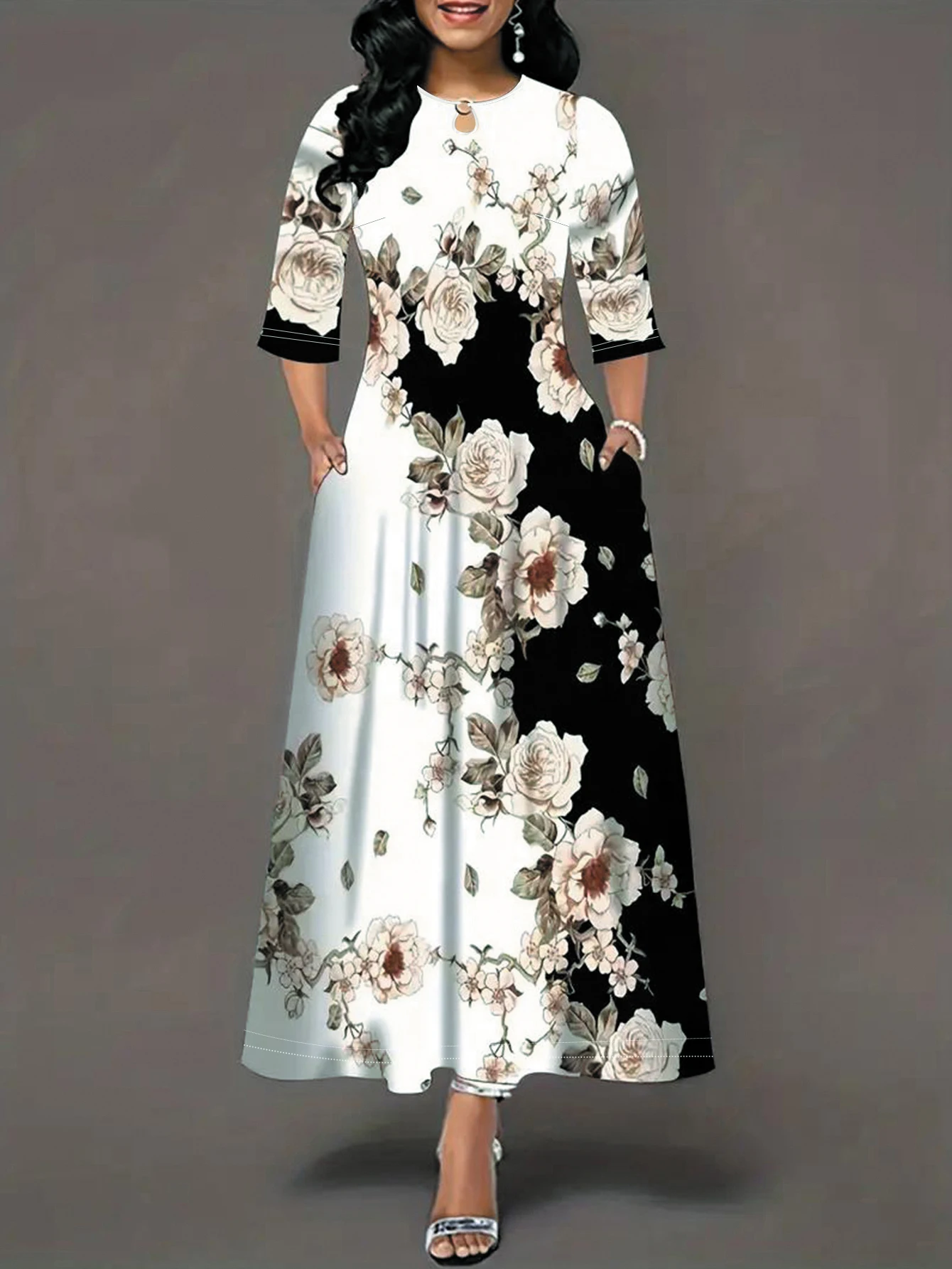 שמלה מזדמנים לנשים, בתוספת גודל הדפס חצי שרוול עגול עם כיסים