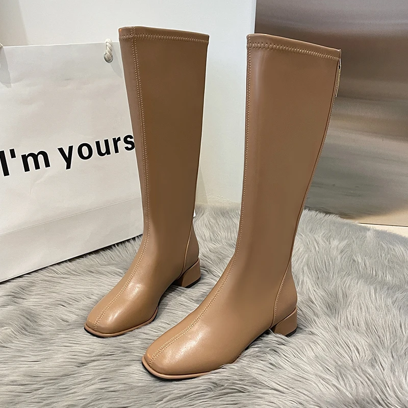 Shoes Female 2024 Fashion Zip Knee-High Women's Boots Square Heel Square Toe Solid Ladies Long Boots Zipper Modern Shoes Ladies