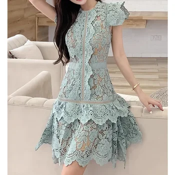 여성용 원피스 바디콘 그린 레이스 할로우 아웃 하이 웨이스트 미니 드레스, 럭셔리 디자인 파티 드레스, 여름 신상