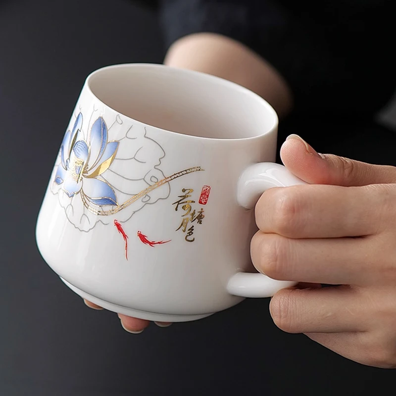 Chinese Style Lotus Pattern Tea Filtering Separation Cups With Cover White Porcelain Mug, Home Drinkware Ceramic Office Cup, 1Pc