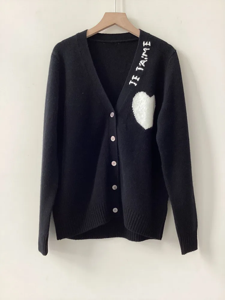 100% Cashmere Female Loose V-Neck Long Sleeve 3 Colors Cardigan Coat Women Heart Shaped Letter Embroidery Sweater Autumn 2023 5