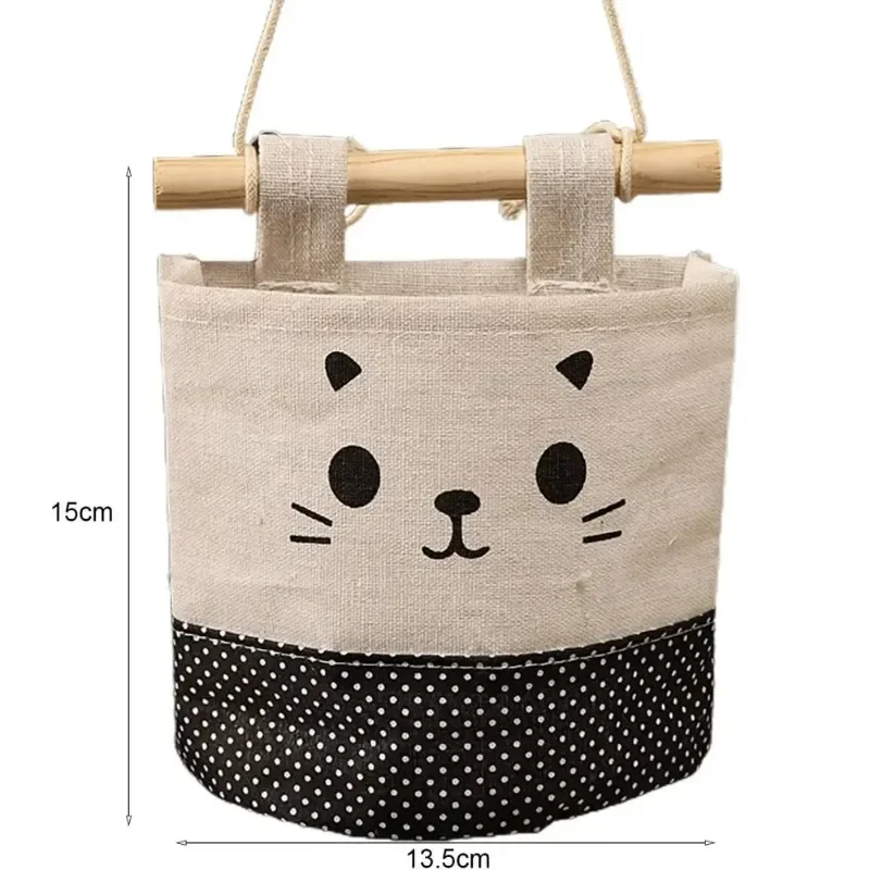 Home Kitchen Door Wall Hanging Organizer Pocket Bag Sundries Storage Holder Cat Decor Cotton Flax Wall Pouch with Lanyard