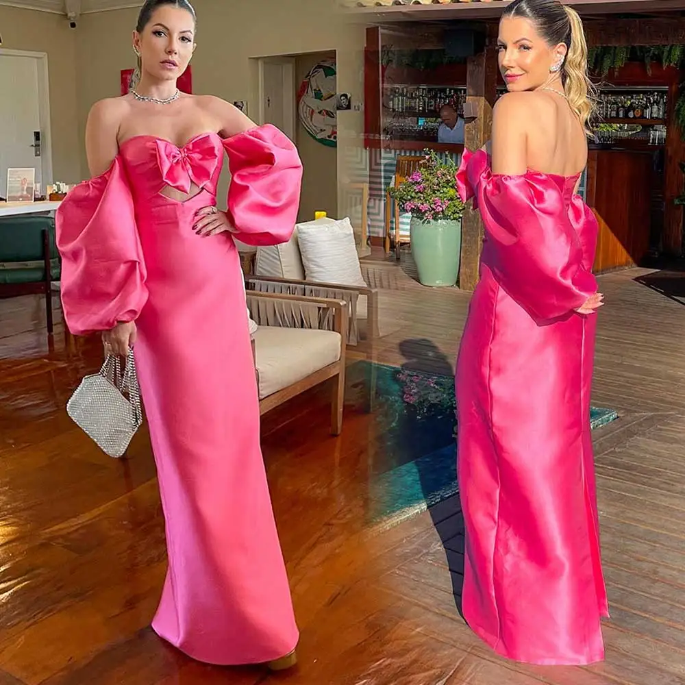 Fashion Satin Long Evening Dress Sweetheart Off The Shoulder Hollow Puff Sleeve Nectarean Bow Sheath Prom Gown Celebrity Dresses
