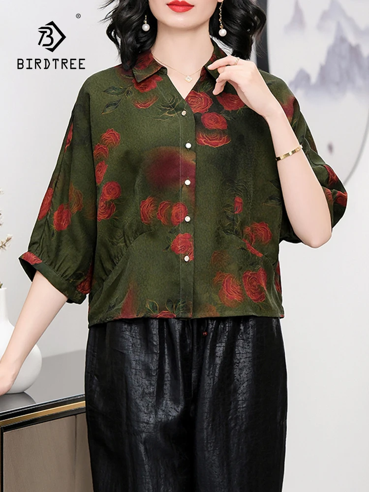

BirdTree, 100%Real Silk Watered Gauze Shirts, Women Batwing Sleeve Printed, Oversize Mom Casual Blouse, 2024 Summer New T44487QC