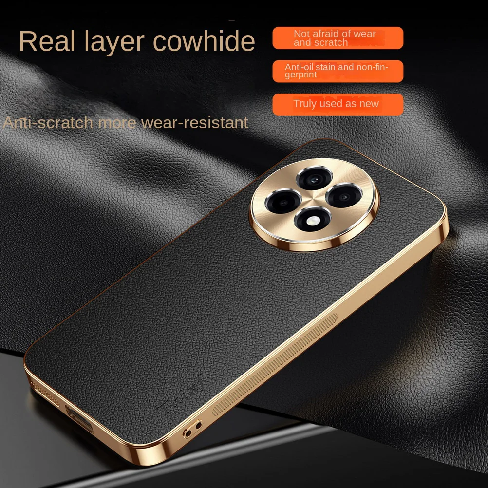 Premium Cowhide Lychee Texture Electroplated Frame Case with Lens Protection