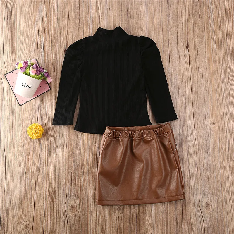 Girls Turtleneck Sweater & Leather Skirt Set 3