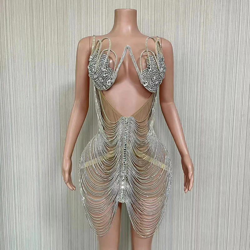 luxury birthday dress Cloth Shinny Diamond Costume Tassel Fringe Trimming Crop Top Mesh Outfit Women Dresses for Fashion Show