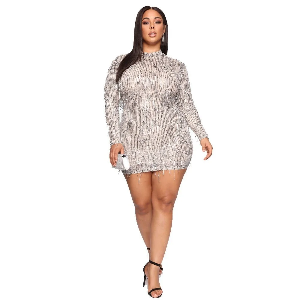 

Plus Size Large Women's Dress New High Elastic Sequin Long Sleeve Dress Popular Tassel Dresses Fashion Slim Fit Female Clothes