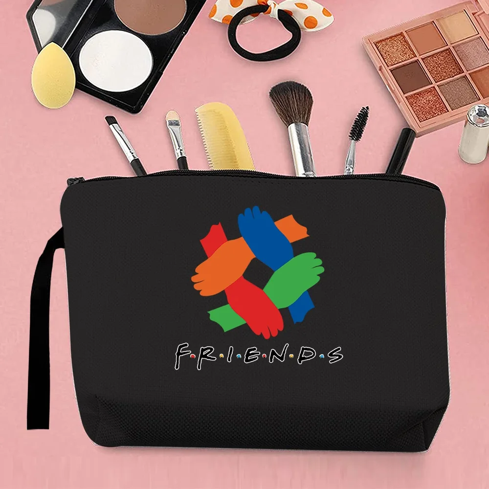 2024 ese Trend Women Cosmetic Bag Coin Clutch Bag Cute Friends Pattern Printing Portable Storage Travel Canvas Strap Black 5