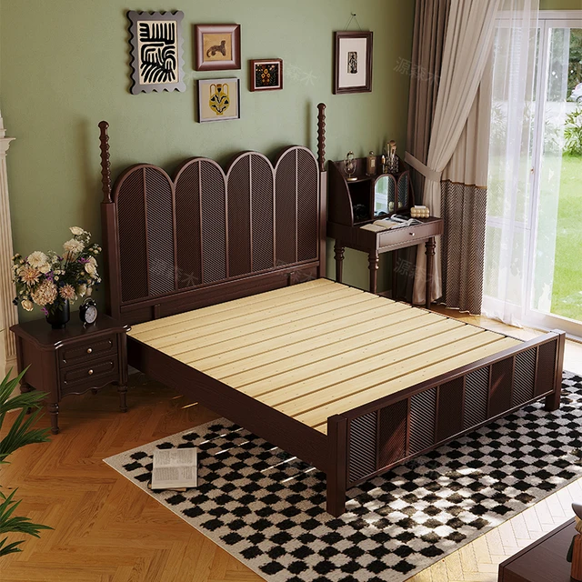 French Retro Solid Wood Beds Nordic Creative Guesthouse & Hotel Double Bed High-End Bedroom Japanese Furniture Fauteuil Lit FYBB 4