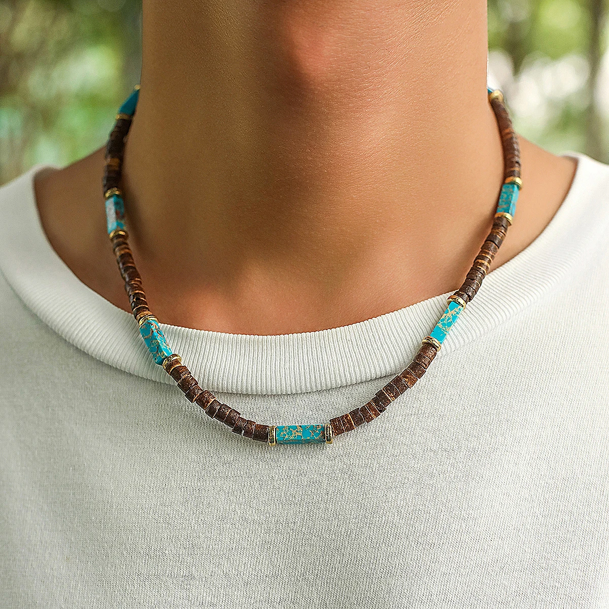 Collana Girocollo A Strati Con Perline In Legno E Ciondolo Foglia – Bohémien Vintage Unisex