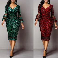 Primavera 2022 novo vestido midi feminino elegante malha costurado manga longa impresso hip wrap v neck sexy vestido