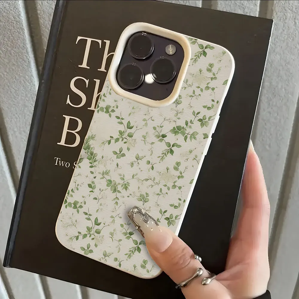Green Leaf Pattern Lychee Soft Shockproof Phone Case Cover