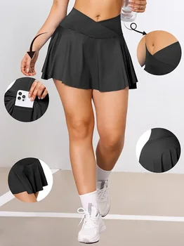 Womens Tennis Skirt with Pockets Crossover High Waisted Athletic Golf Skorts Running Workout Skirts 2 in 1 Fashion Streetwear 1