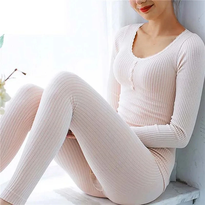 

Winter Thermal Underwear Women Long Sleeve Bottoming Top Seamless Antibacterial Warm Lingerie Suit Long Johns Sleepwear 2pcs Set