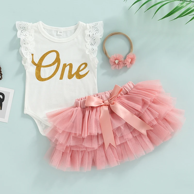baby dress set for girl FOCUSNORM 0-18M Newborn Baby Girls 3pcs Birthday Clothes Sets One Letter Fly Sleeve Romper+Lace Tutu Skirts Headband baby shirt clothing set