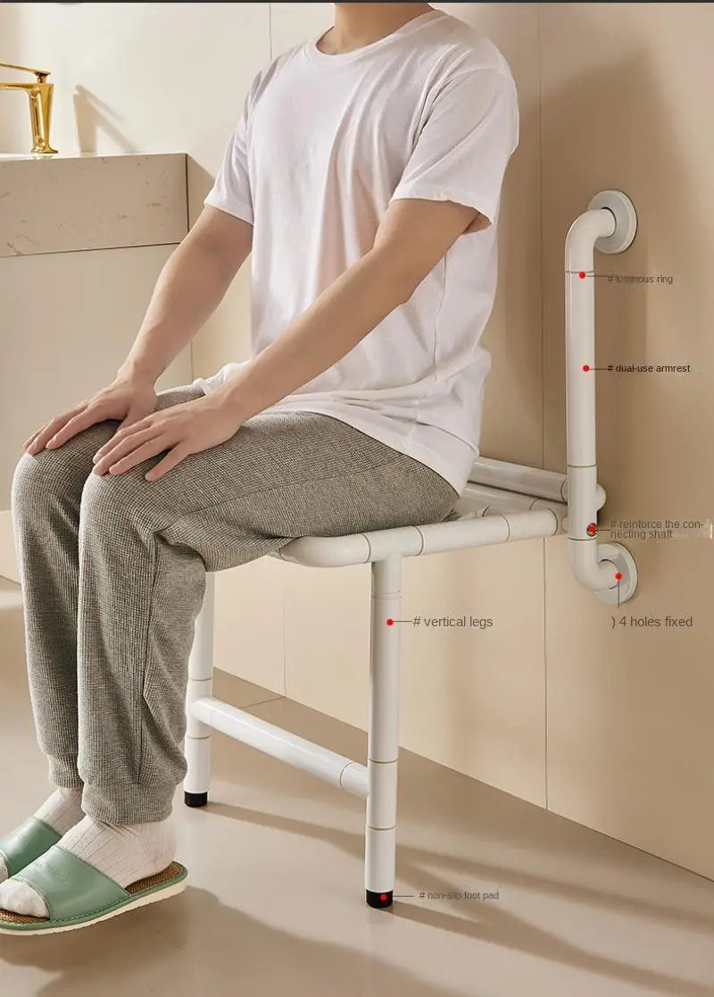 Stainless Steel Folding Bathroom Stool with Double Armrests for The Elderly Pregnant Women Disabled Non-Slip Wall Mounted Chair 3