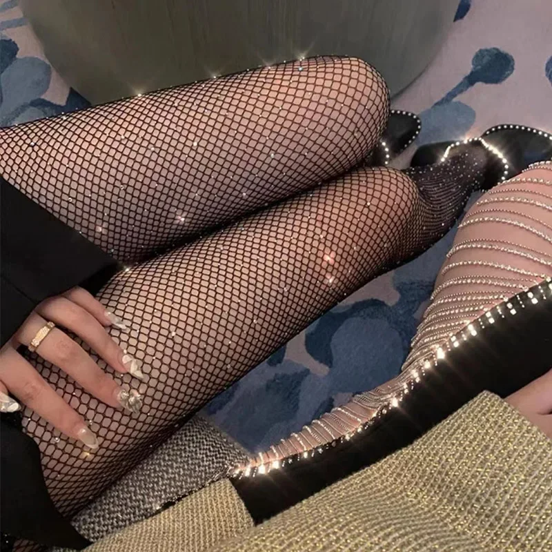 Summer Fishnet Diamond Pantyhose Women Sexy Fashion Shiny Net Tights Female Mesh Nylon Stockings Tights