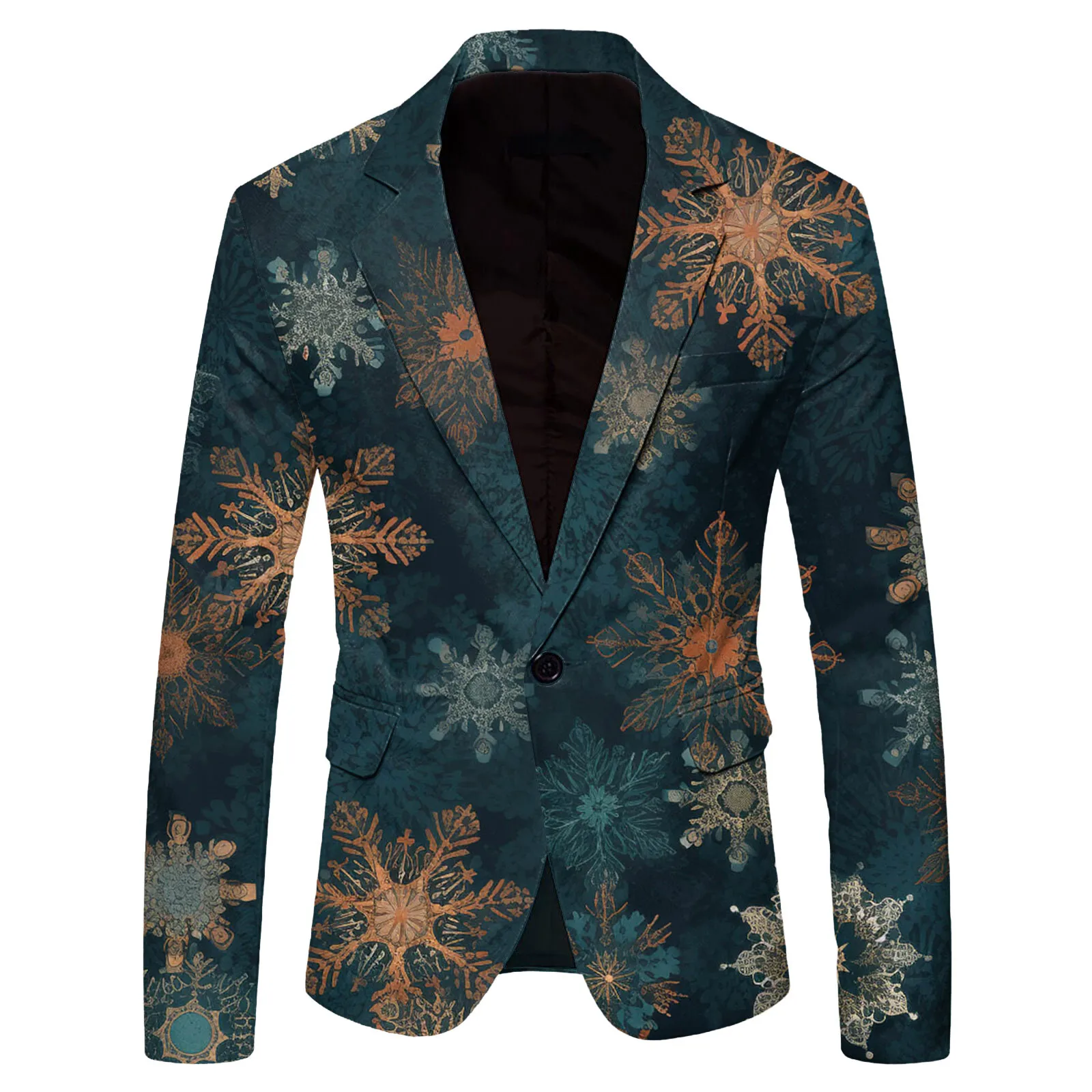Snowflake Print Christmas Blazer Jackets For Men Long Sleeve Lapel Button Suit Coat Plus Size Christmas Party New Year Outwears