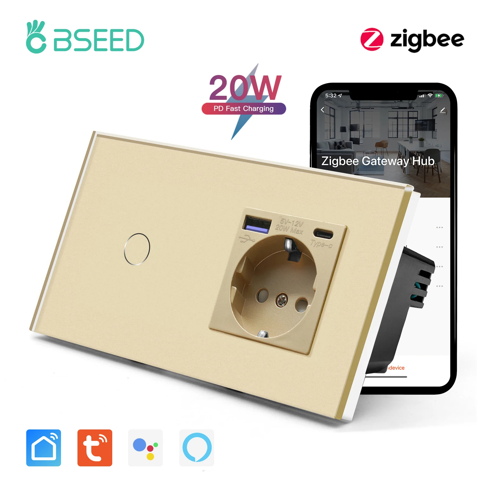 Bseed Zigbee Interruptor de Parede 3gang Inteligente Toque Interruptores Luz Tuya App Alexa Vidro 20w Entrega Energia Usb Normal da ue Soquetes