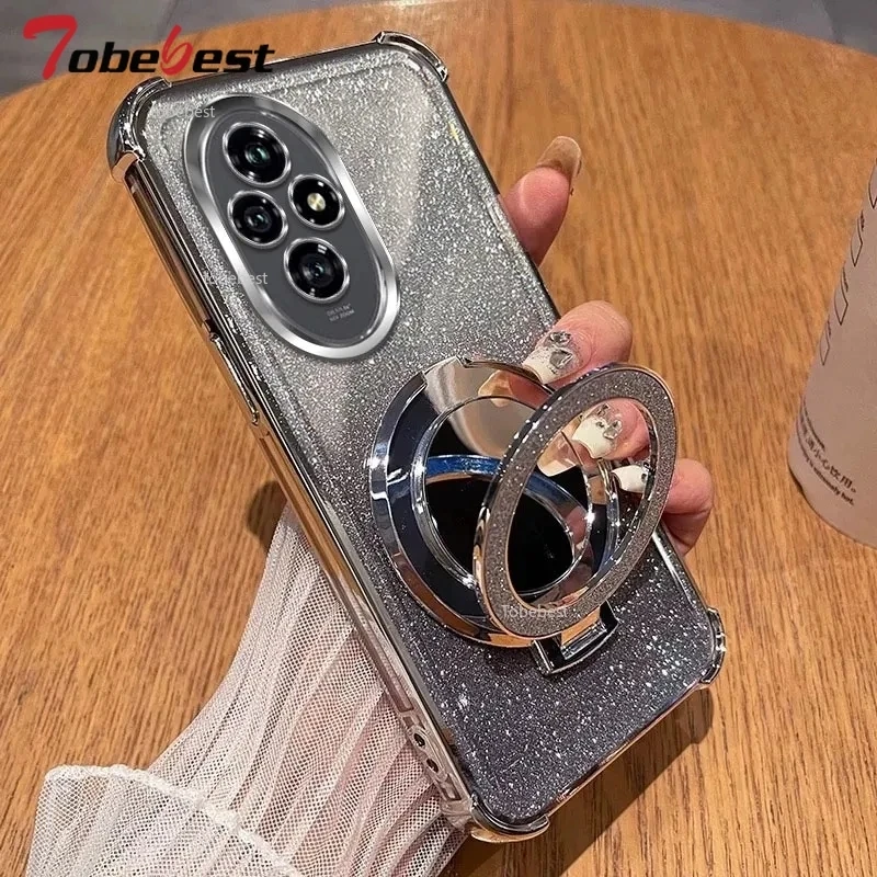 Glitter Shockproof Silicone Case with Mirror Magnetic Holder Stand