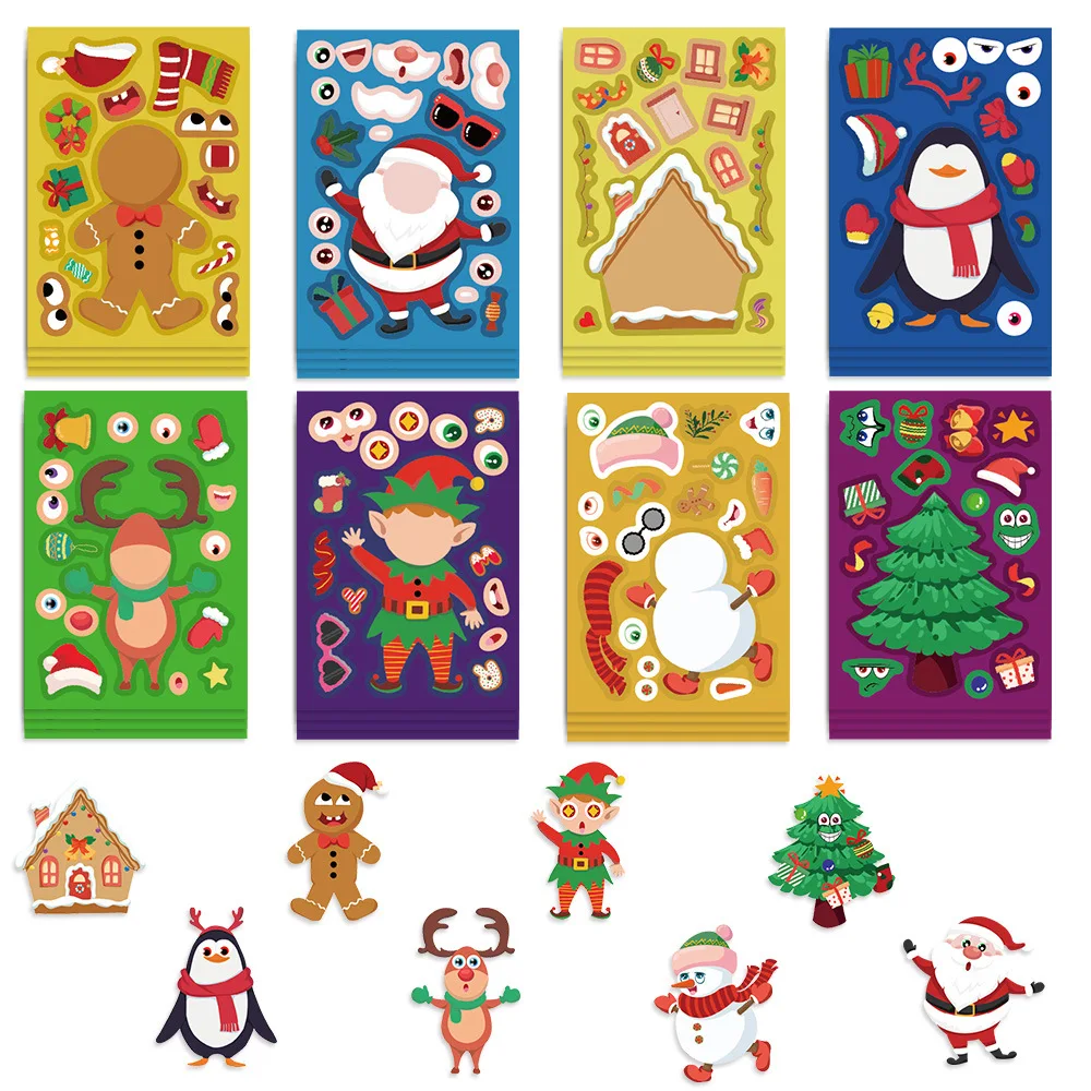 8Pcs Puzzle Cartoon Christmas Snowman Party Make a Face Stickers Handicrafts Waterproof Stickers 4