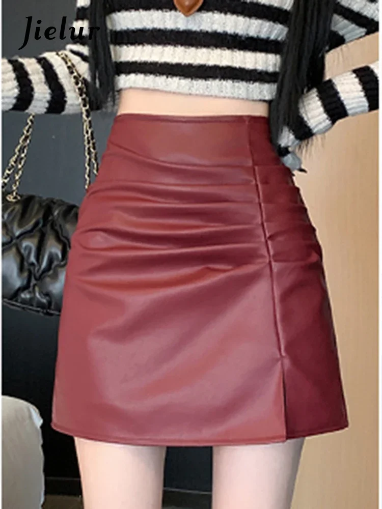 Jielur Autumn New Solid High Waist A-line Skirts Female Simple Basic Split Women Skirts PU Black Coffee Red Korean Woman Skirts