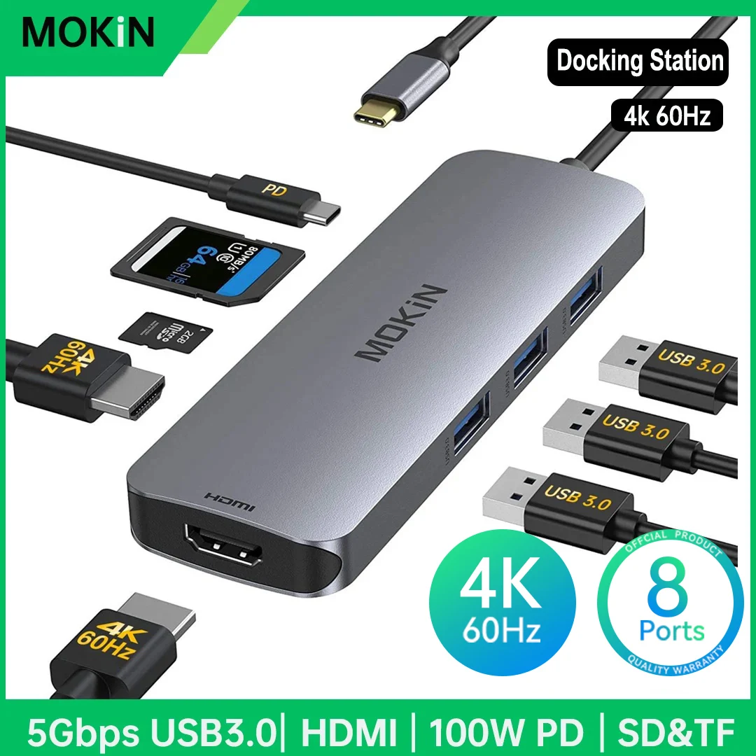 

Док-станция MOKiN 8 в 1, 4K @ 60 Гц, USB 3,0, USB 100