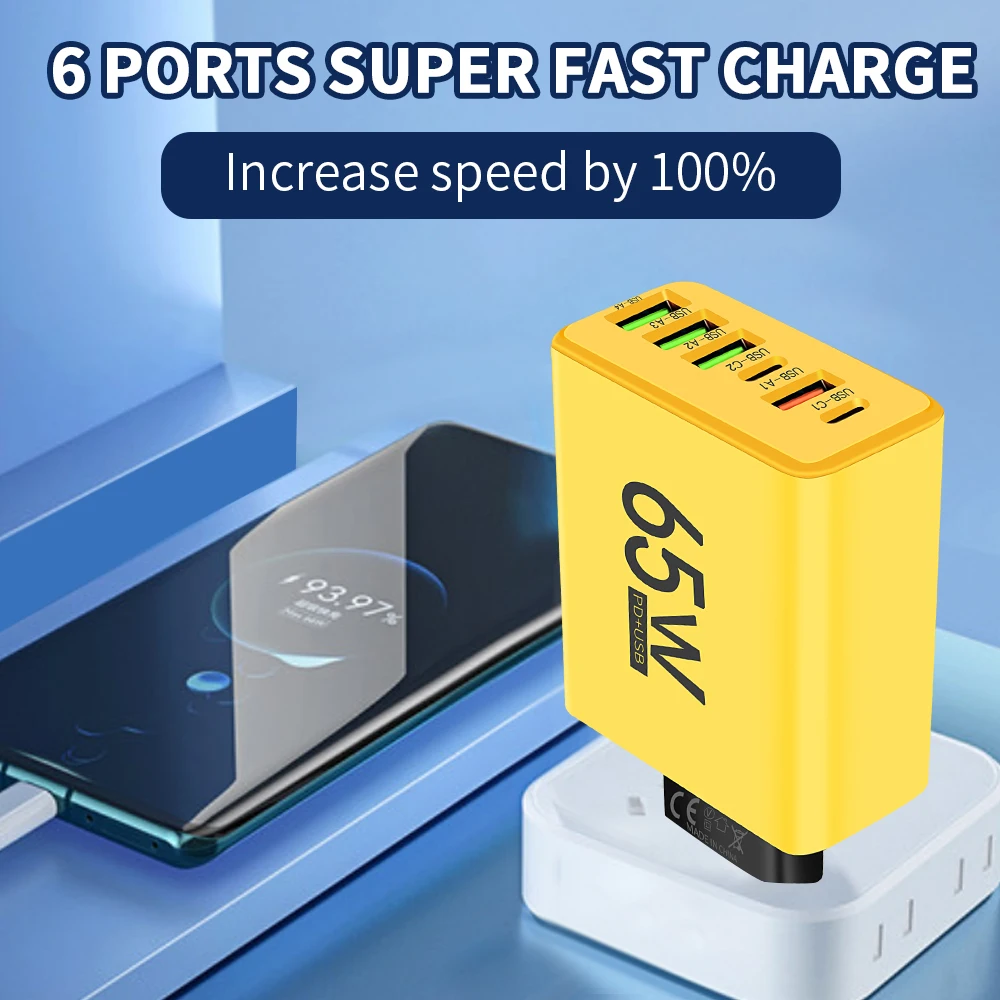 65W 6 Ports Power Charger Adapter for iPhone 15 Xiaomi 13 Samsung Huawei Tablet
