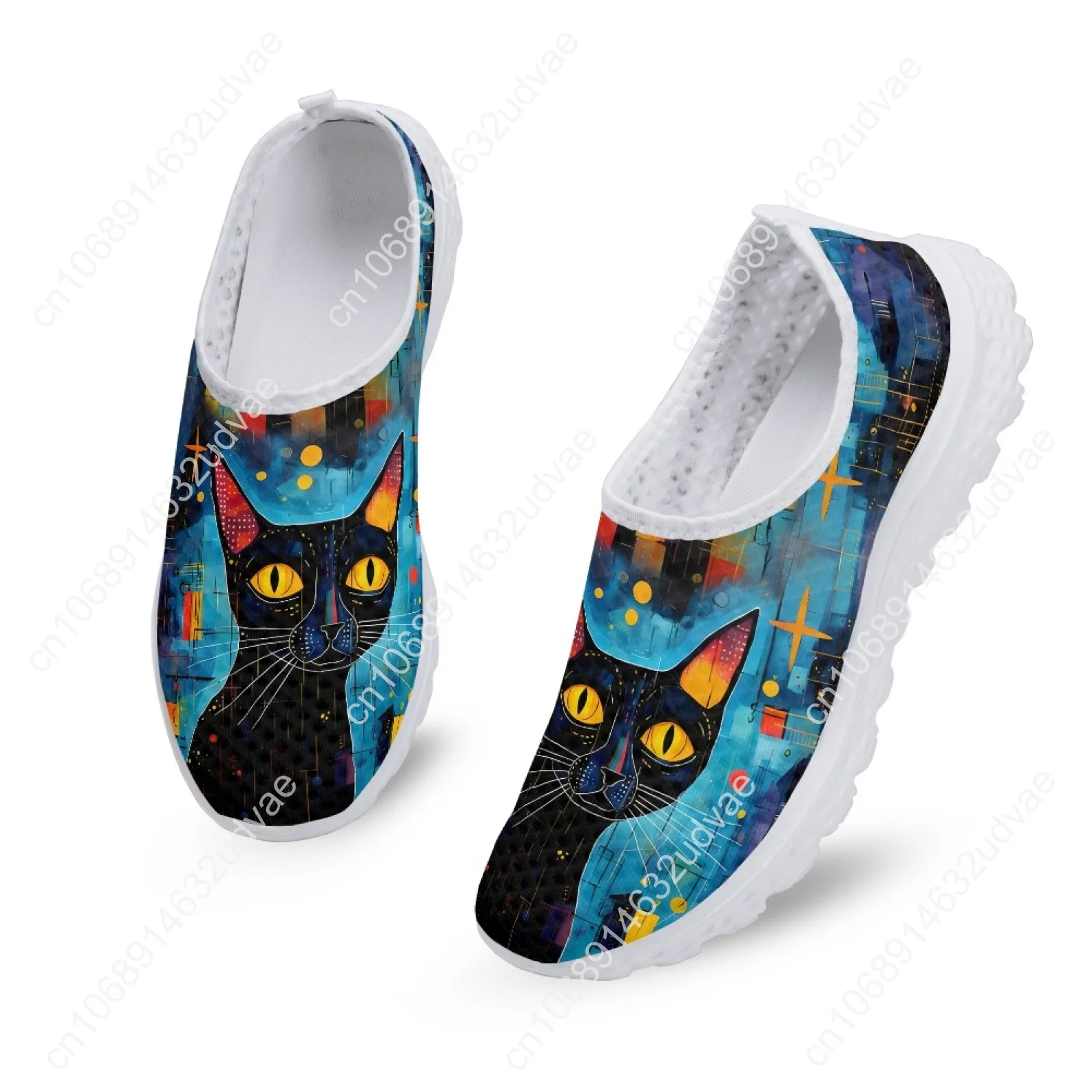 Slip On Shoes For Women Hand Painted Black Cat Designer Summer Mesh Shoes Lightweight Home Loafers Cartoon Cat Shoes