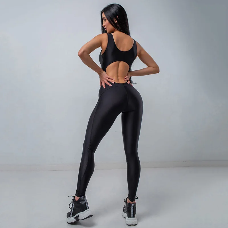 Modigirl Women's Back Hollow Out Sleeveless Sports Jumpsuits Elegant Bodycon Sportswear Sexy Black Long Jumpsuit For Women Girls