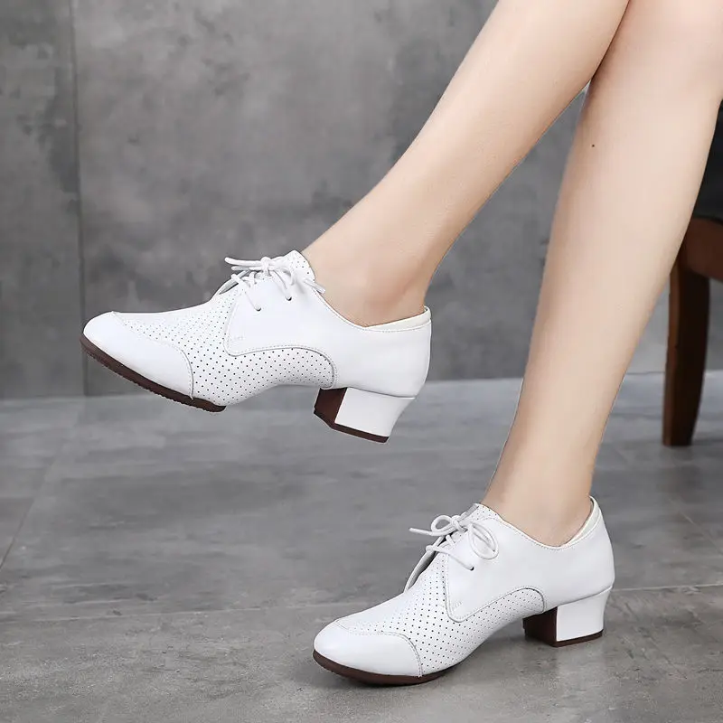 Cowhide Shoes Women soft Rubber sole Latin Dance Shoes Social Dance Shoes Four Seasons square Breathable Perforated Shape