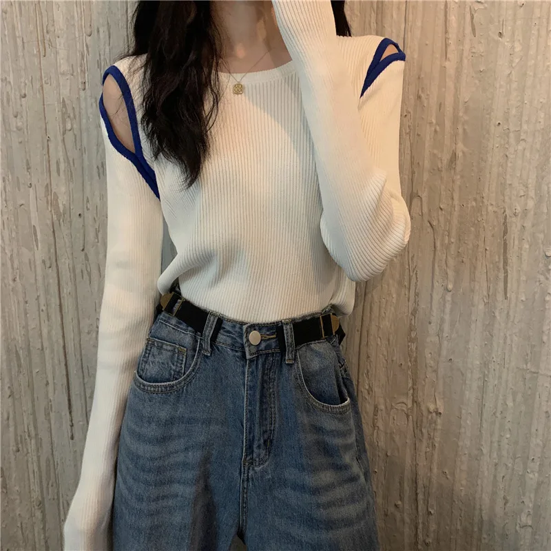 Women Knitted Off Shoulder Sweaters Autumn Long Sleeve