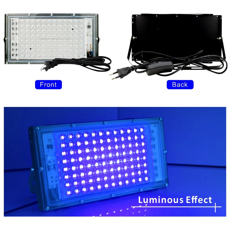 UV Floodlight Led UV Floodlight 110V 220V 50W 100W Party Light 395nm 400nm IP65 Waterproof Ultraviolet Fluorescent Stage Lamp with US/EU Plug