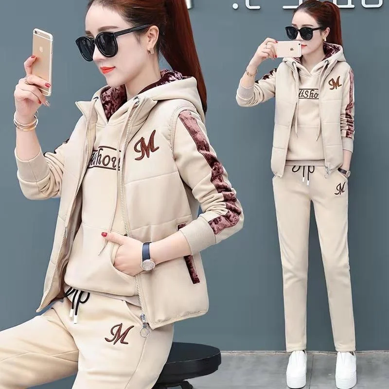 2024 Autumn Winter New Women's Casual Sweat Suit Fashion Plush Thickened Hooded Tops Waistcoat Pants 3 Three Piece Set For Women 5