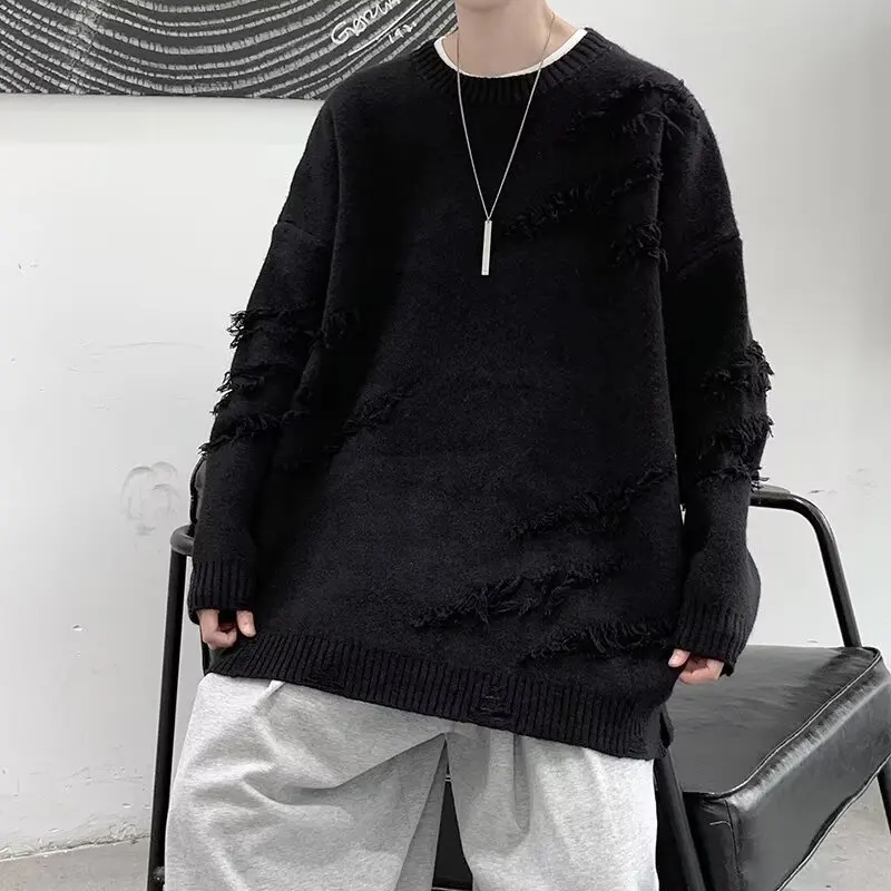 

New Autumn Winter Fashion Design Solid Color Thickened Tear Sweater Men's Soft and Warm Cashmere Round Neckline