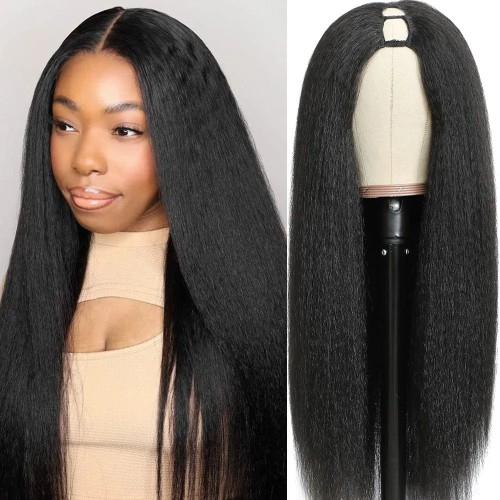 Peruca de cabelo sintética reta Kinky para mulheres, U Part, Yaki, Kinky, Straight, Glueless, máquina completa feita, 22