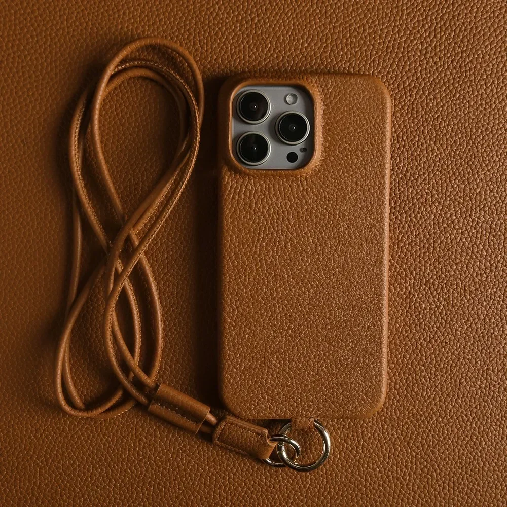 Cowhide Genuine Leather Case For iPhone 16 Pro Max 15Pro 11 13 12pro 14Pro 14 Strap Crossbody Lanyard Phone Cover Coque