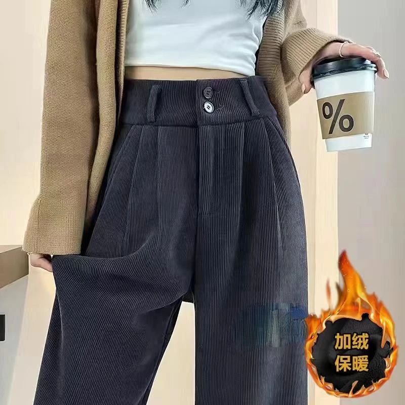 Fleece Wide Leg Pants Women Corduroy Straight Leg Pants Autumn Winter Trouser Streetwear High Waist Loose Korean Chic Clothes