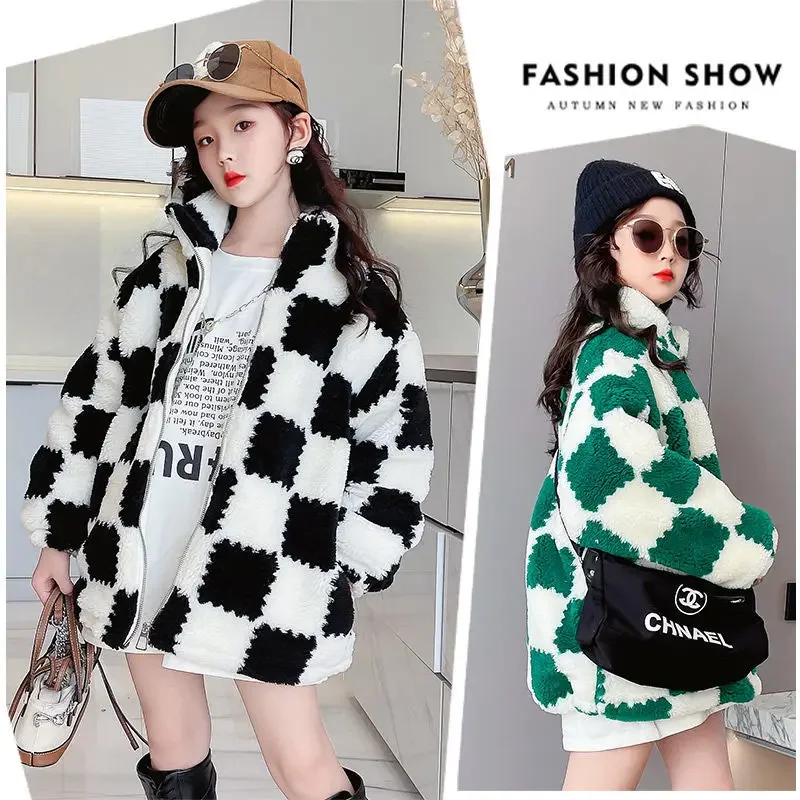 

2024 New Winter Plush Woolen Girls Jacket Plaid Pattern Thick Keep Warm Fashion Coat For Kids Children Outdoor Teenage Outerwear