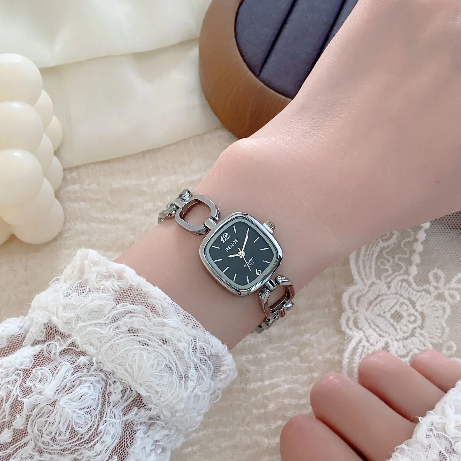 Silver Openwork Square Bracelet Women's Minimalist Wristwatch - High-Quality Elegant Timepiece