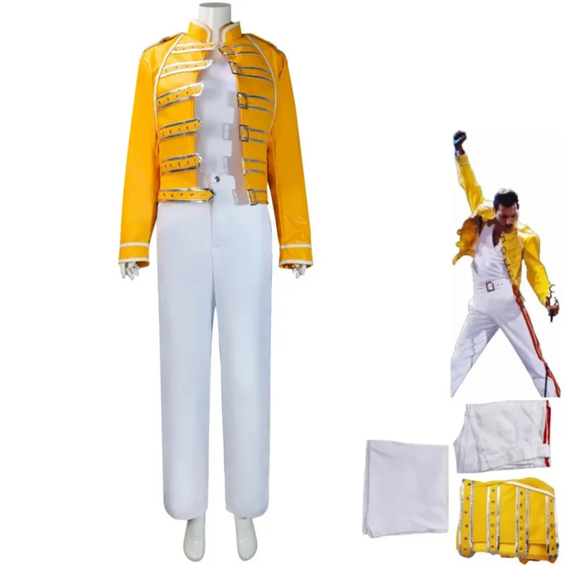 

Queen Lead Vocals Freddie Mercury Cosplay Costume Yellow PU Coat Full Set Uniform Man Woman Carnival Masquerade Ball Suit