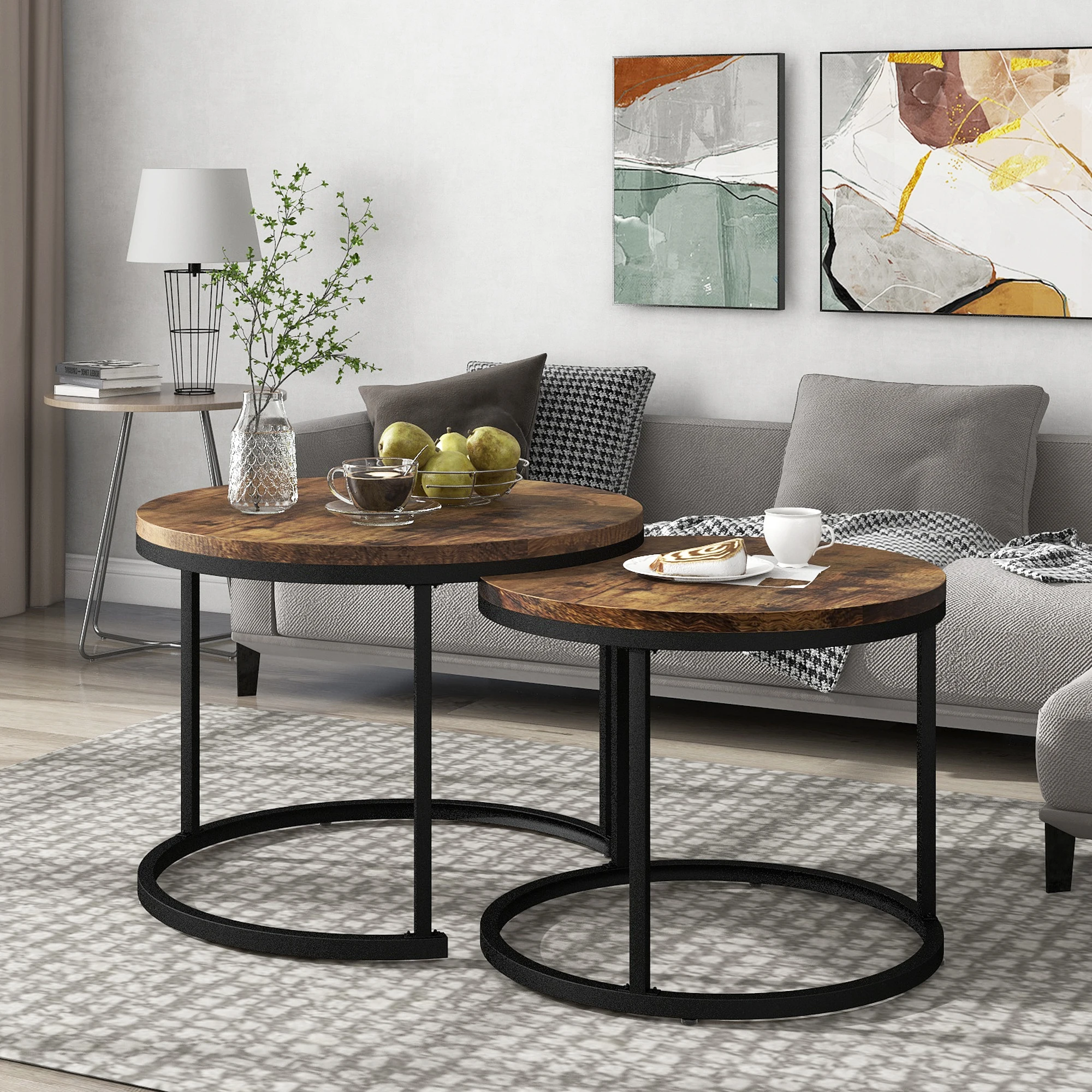 KOMHTOM Runder Couchtisch 2er Set Braun, Geschachtelter Beistelltisch Satz für Wohnzimmer – Detail 2