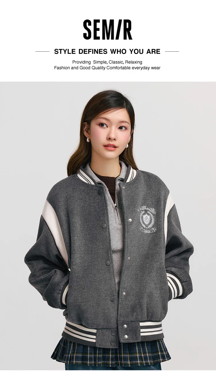Coat Women Embroidery Patchwork Contrast Color Loose Jacket New Winter Imitation Woolen Baseball Jacket