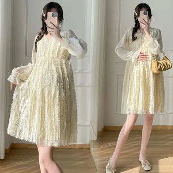 Sweet Short Maternity Spring Tassel Dress Long Flare Sleeve V-neck Pregnant Woman Button Fly Ball Gown Dress Luxury Party Dress