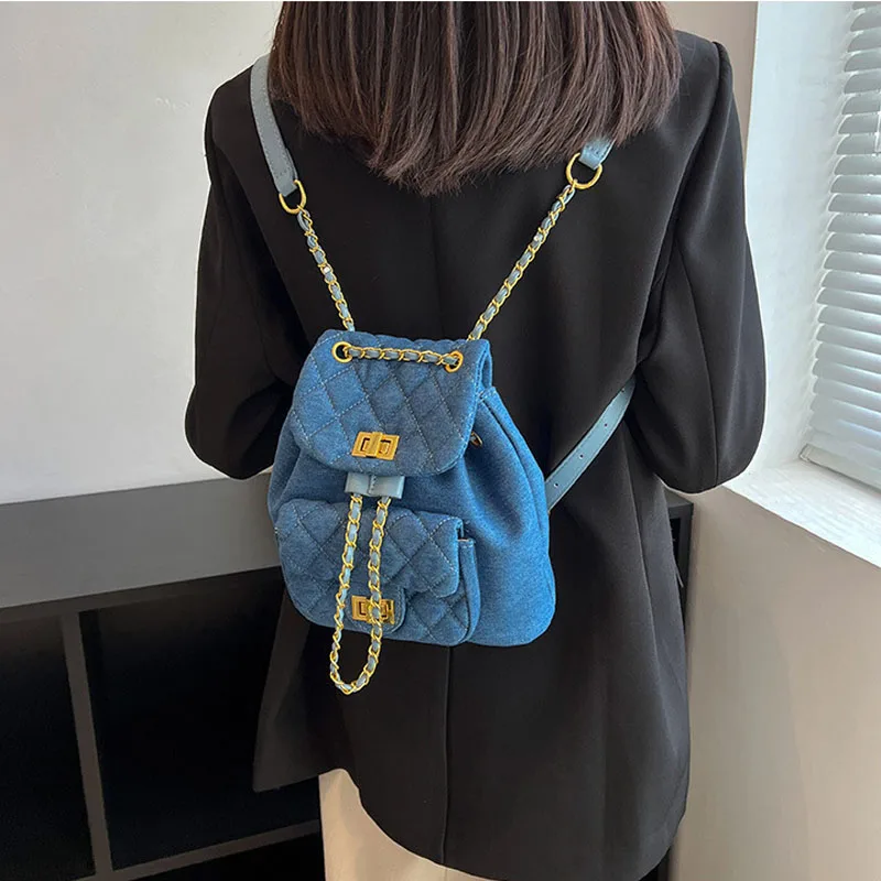 denim backpack chain straps 2023 new rhombus tassel backpack Student  Double-layer female Fashion Mini Backpack School HandBag - AliExpress