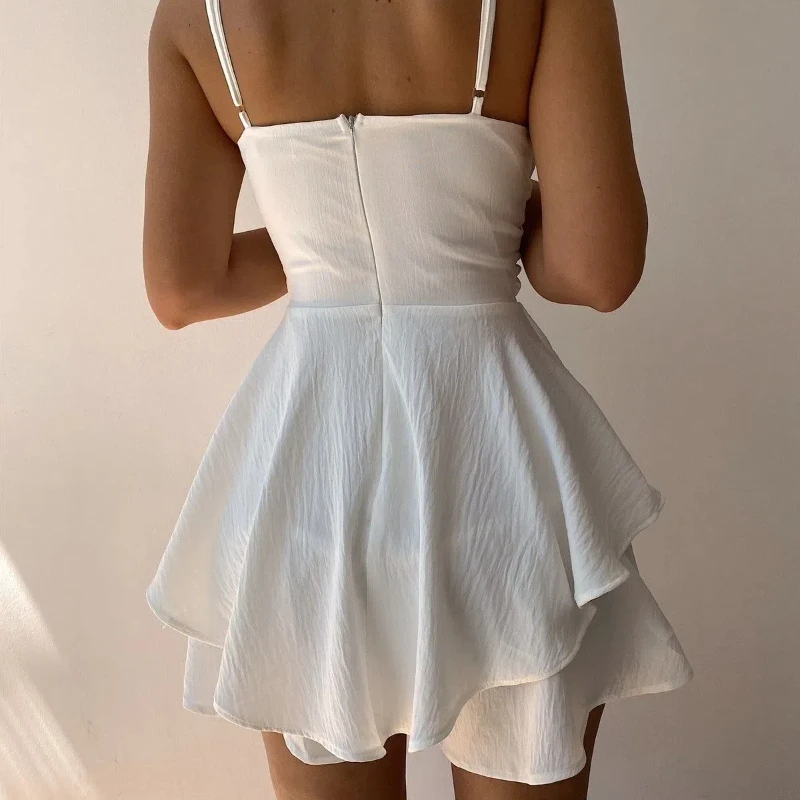 New Y2k Summer Women's Suspender Dress Fashionable and Sexy Back Zipper Solid Color V-neck Culottes Irregular Short Skirt238